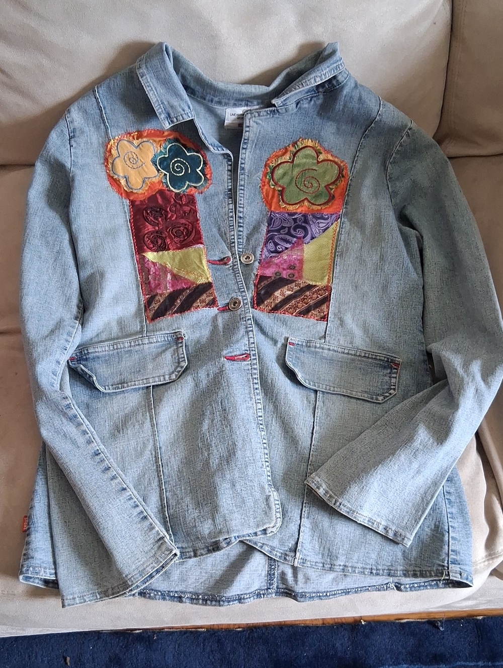 Stone Light Blue Denim Jacket Upcycled By Vera with Multicolor Floral Patchwork